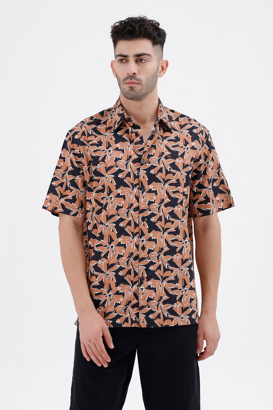 BASICS RELAXED FIT BLACK BRICK COTTON VISCOSE DIGITAL PRINTED HALFSLEEVES SHIRT