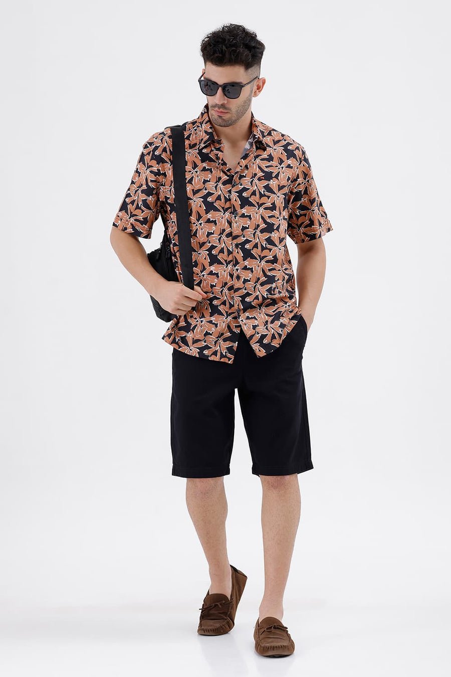 BASICS RELAXED FIT BLACK BRICK COTTON VISCOSE DIGITAL PRINTED HALFSLEEVES SHIRT