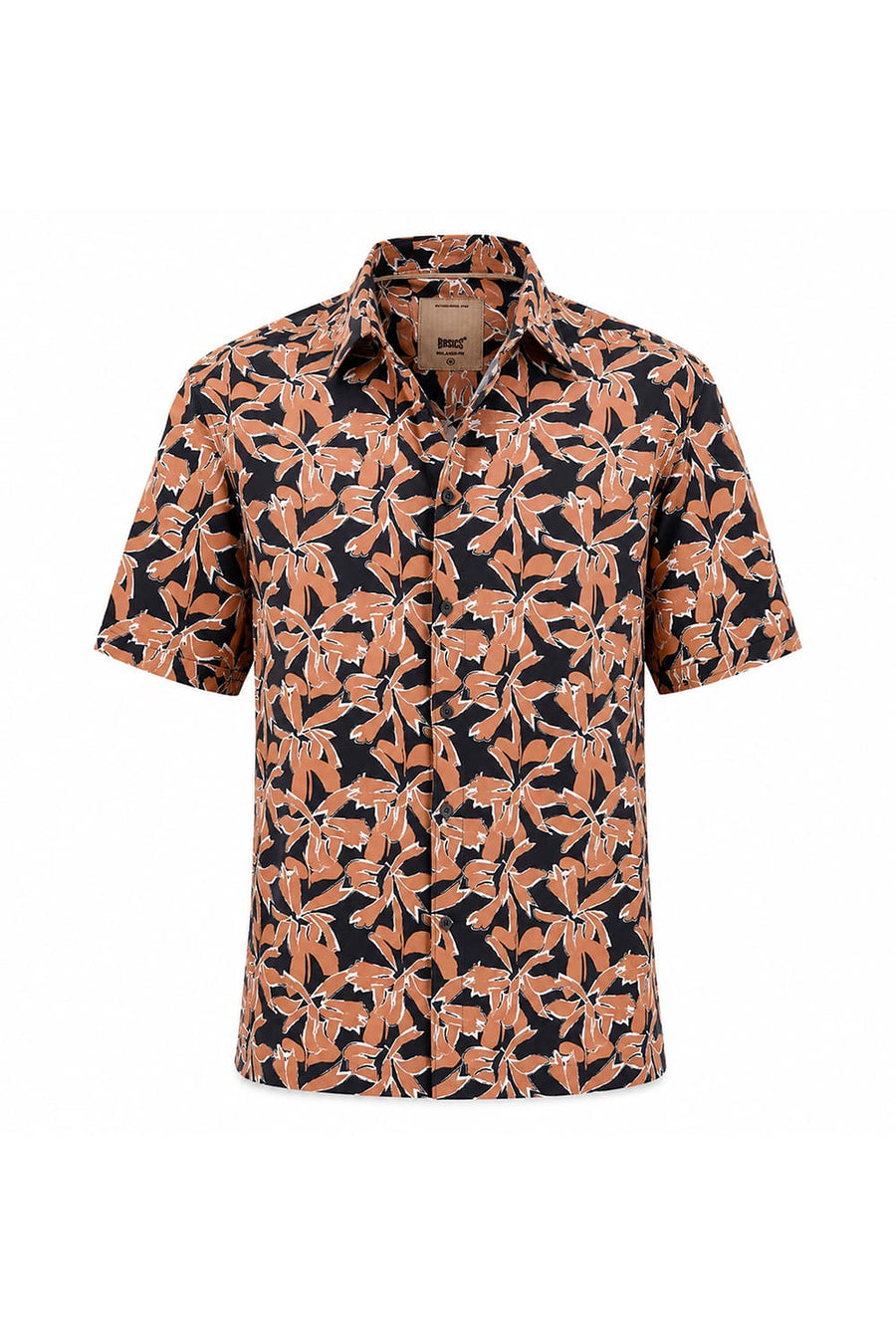 BASICS RELAXED FIT BLACK BRICK COTTON VISCOSE DIGITAL PRINTED HALFSLEEVES SHIRT