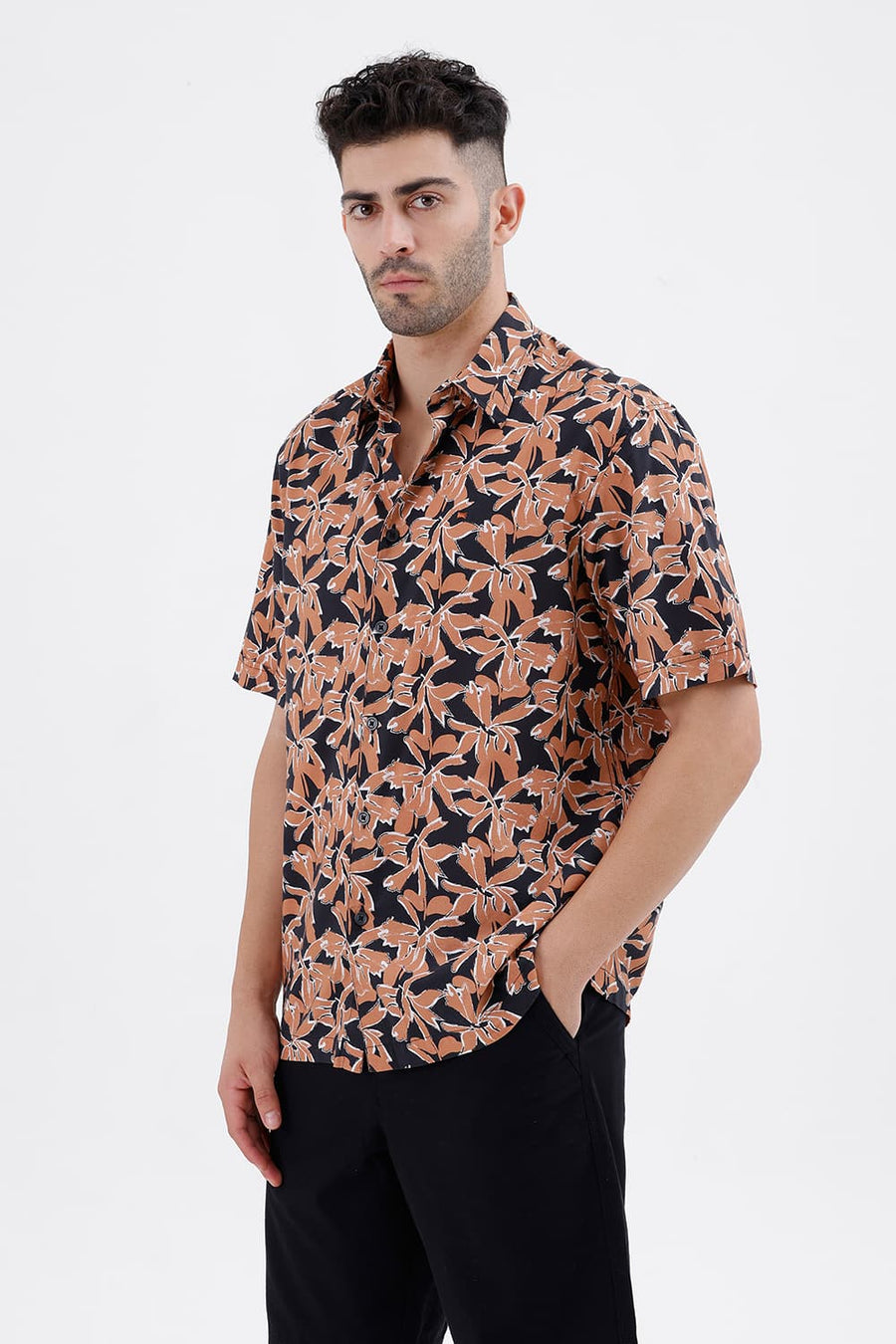 BASICS RELAXED FIT BLACK BRICK COTTON VISCOSE DIGITAL PRINTED HALFSLEEVES SHIRT
