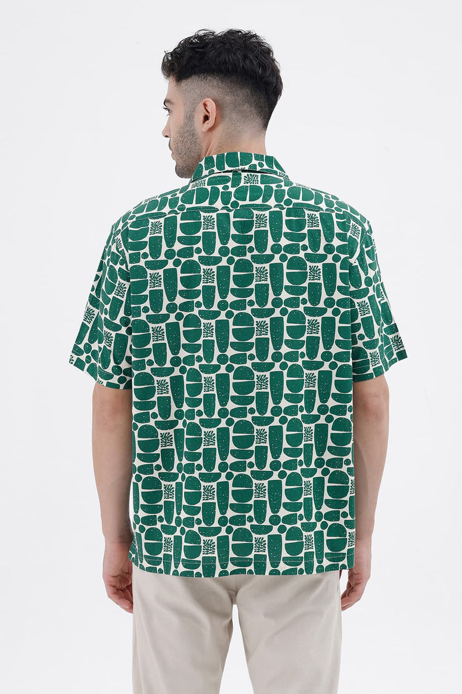 BASICS RELAXED FIT MAY GREEN COTTON VISCOSE DIGITAL PRINTED HALFSLEEVES SHIRT