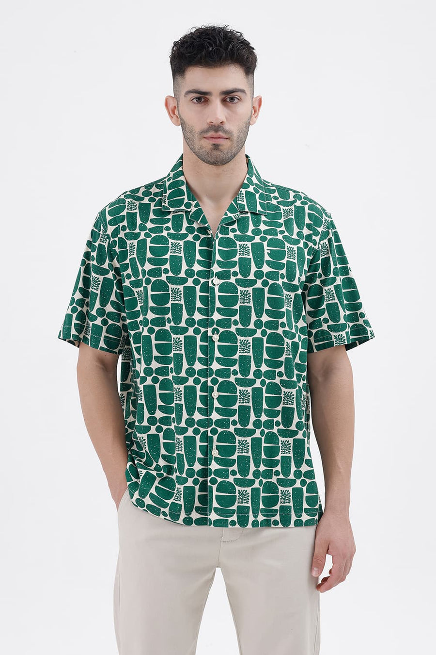 BASICS RELAXED FIT MAY GREEN COTTON VISCOSE DIGITAL PRINTED HALFSLEEVES SHIRT