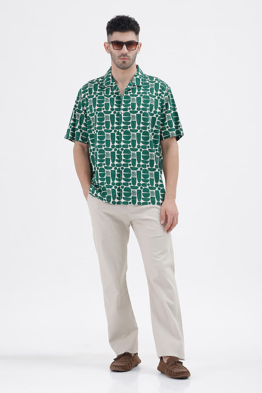 BASICS RELAXED FIT MAY GREEN COTTON VISCOSE DIGITAL PRINTED HALFSLEEVES SHIRT