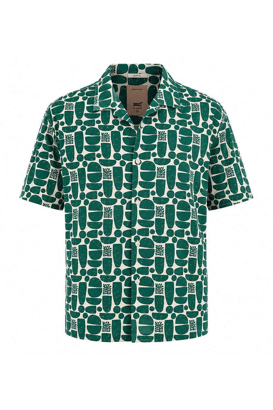 BASICS RELAXED FIT MAY GREEN COTTON VISCOSE DIGITAL PRINTED HALFSLEEVES SHIRT