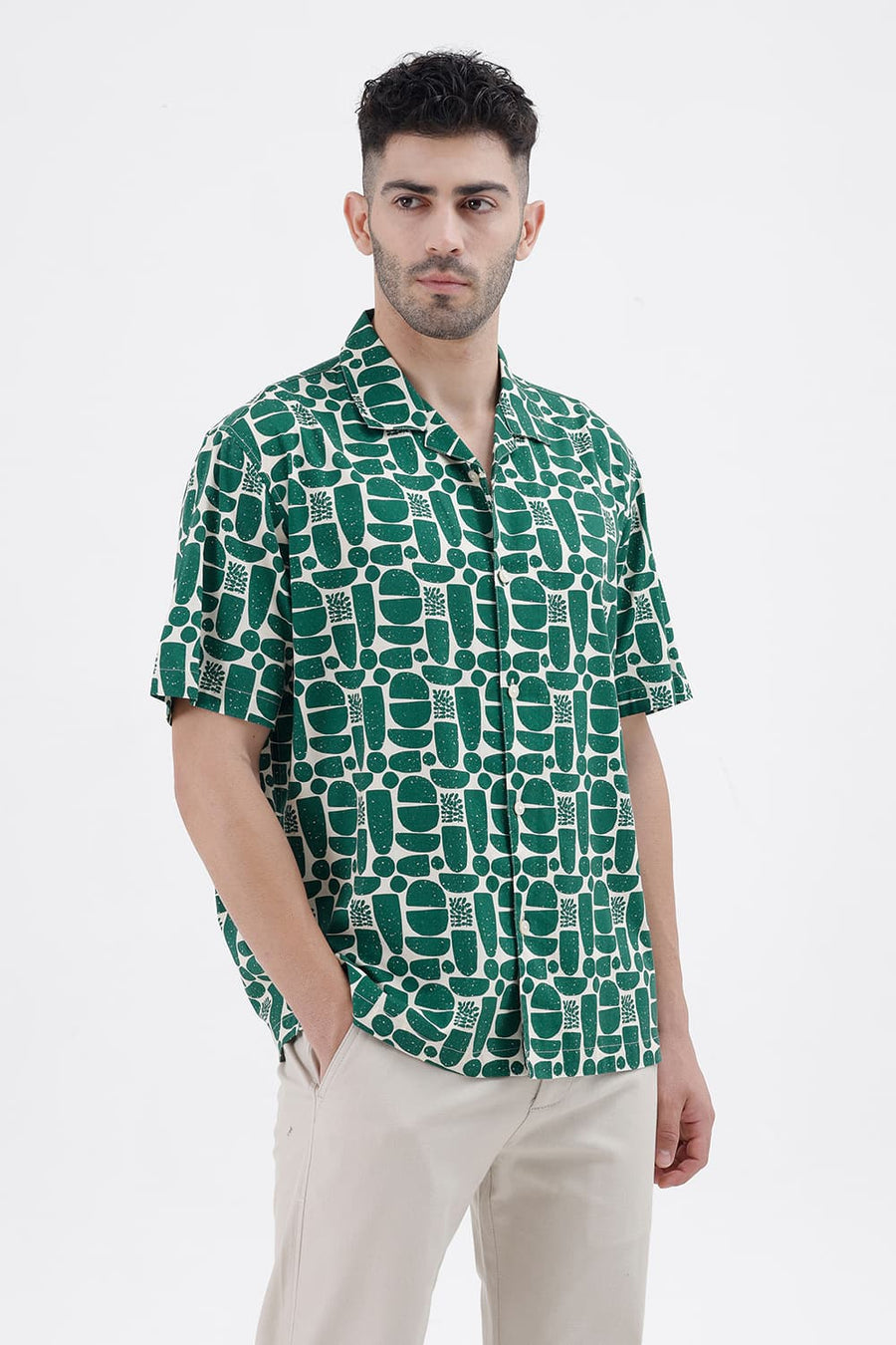 BASICS RELAXED FIT MAY GREEN COTTON VISCOSE DIGITAL PRINTED HALFSLEEVES SHIRT