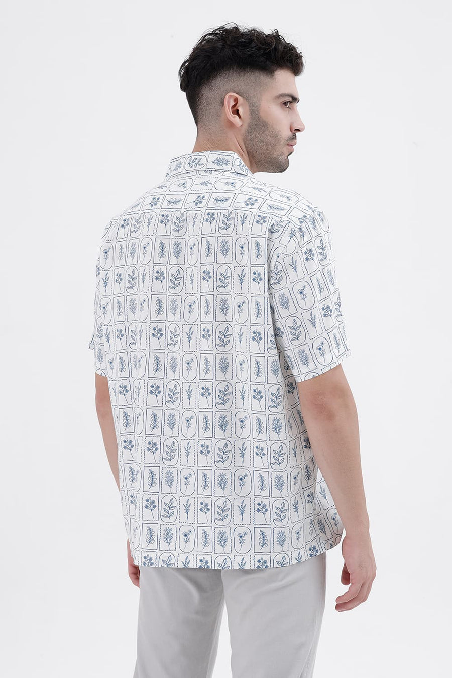 BASICS RELAXED FIT WHITE DOWN BLUE COTTON VISCOSE DIGITAL PRINTED HALFSLEEVES SHIRT