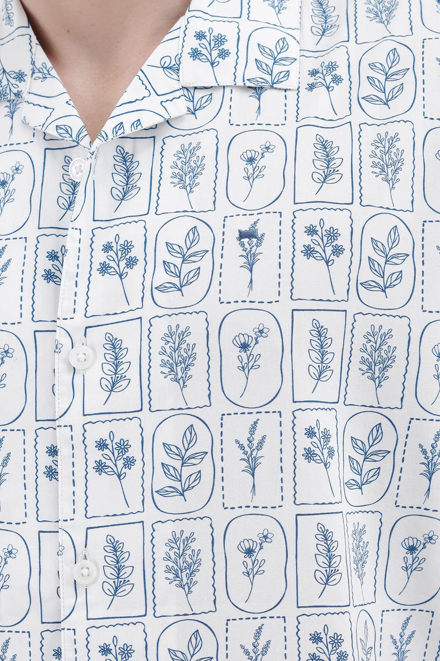 BASICS RELAXED FIT WHITE DOWN BLUE COTTON VISCOSE DIGITAL PRINTED HALFSLEEVES SHIRT