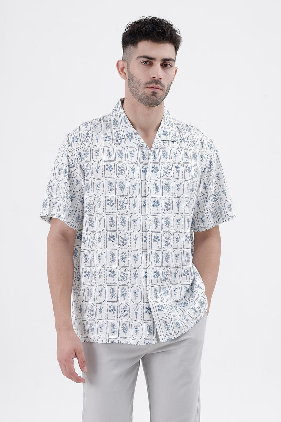 BASICS RELAXED FIT WHITE DOWN BLUE COTTON VISCOSE DIGITAL PRINTED HALFSLEEVES SHIRT
