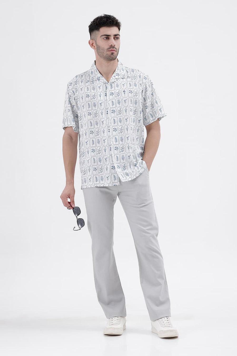 BASICS RELAXED FIT WHITE DOWN BLUE COTTON VISCOSE DIGITAL PRINTED HALFSLEEVES SHIRT
