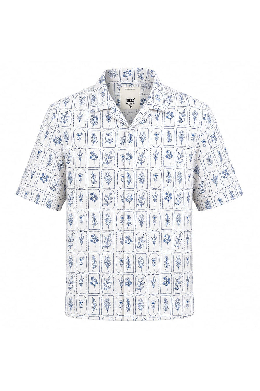 BASICS RELAXED FIT WHITE DOWN BLUE COTTON VISCOSE DIGITAL PRINTED HALFSLEEVES SHIRT