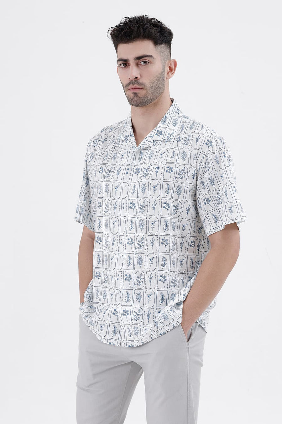 BASICS RELAXED FIT WHITE DOWN BLUE COTTON VISCOSE DIGITAL PRINTED HALFSLEEVES SHIRT