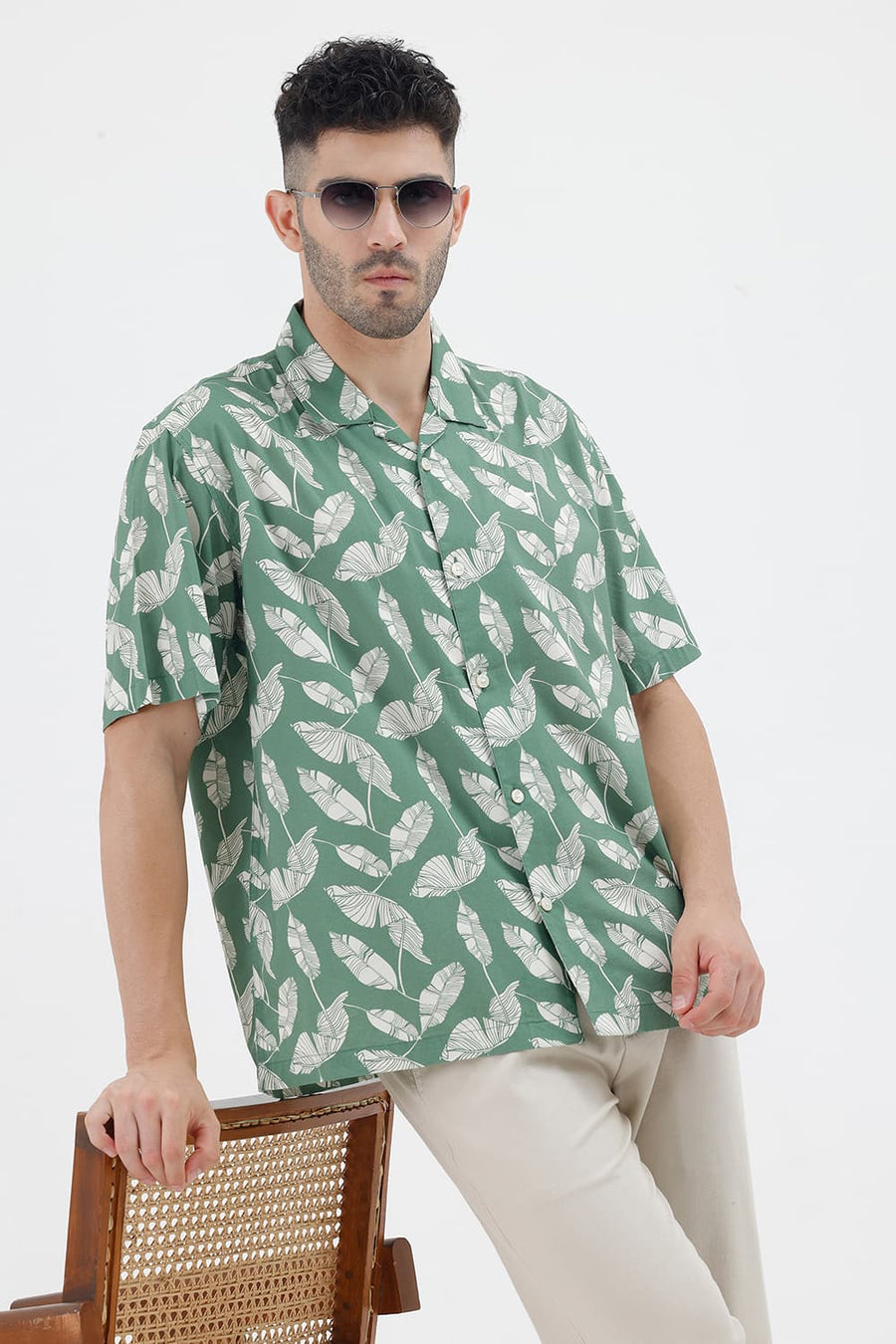 BASICS RELAXED FIT VINEYARD GREEN COTTON VISCOSE DIGITAL PRINTED HALFSLEEVES SHIRT