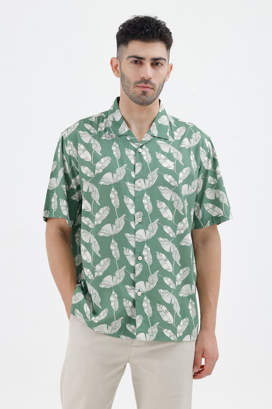 BASICS RELAXED FIT VINEYARD GREEN COTTON VISCOSE DIGITAL PRINTED HALFSLEEVES SHIRT
