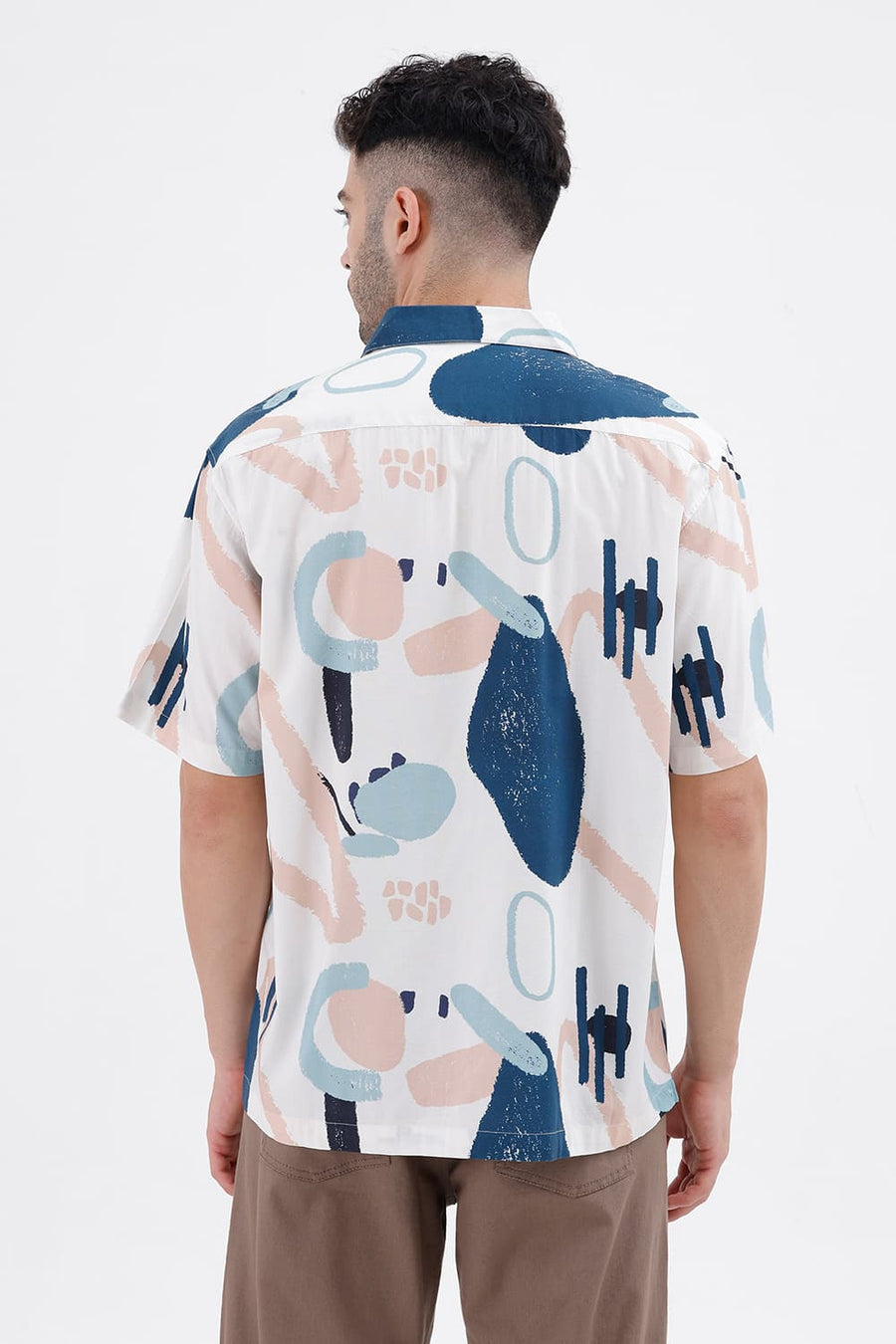 BASICS RELAXED FIT SNOWFALL WHITE COTTON VISCOSE DIGITAL PRINTED HALFSLEEVES SHIRT