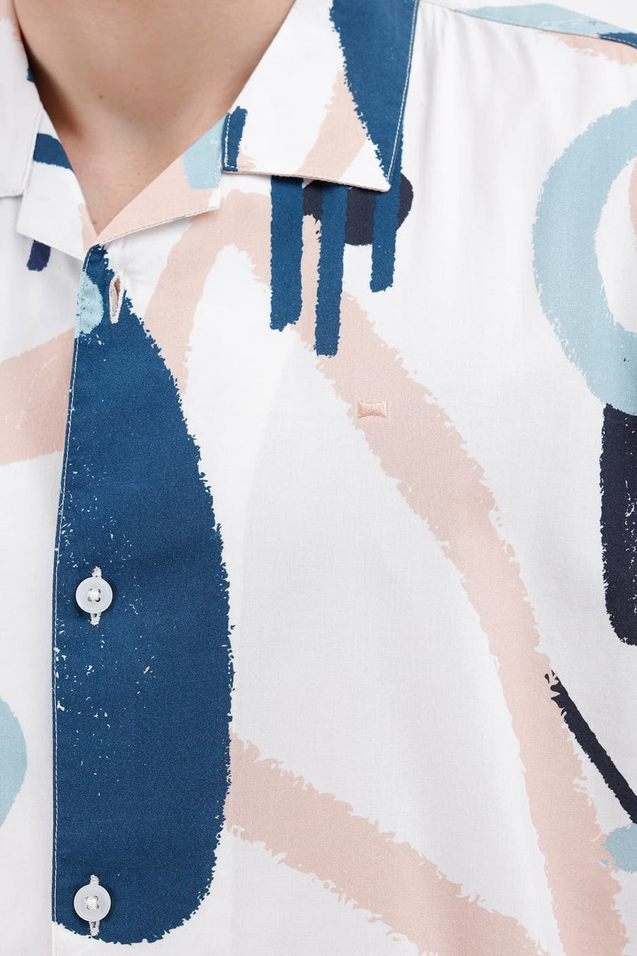 BASICS RELAXED FIT SNOWFALL WHITE COTTON VISCOSE DIGITAL PRINTED HALFSLEEVES SHIRT