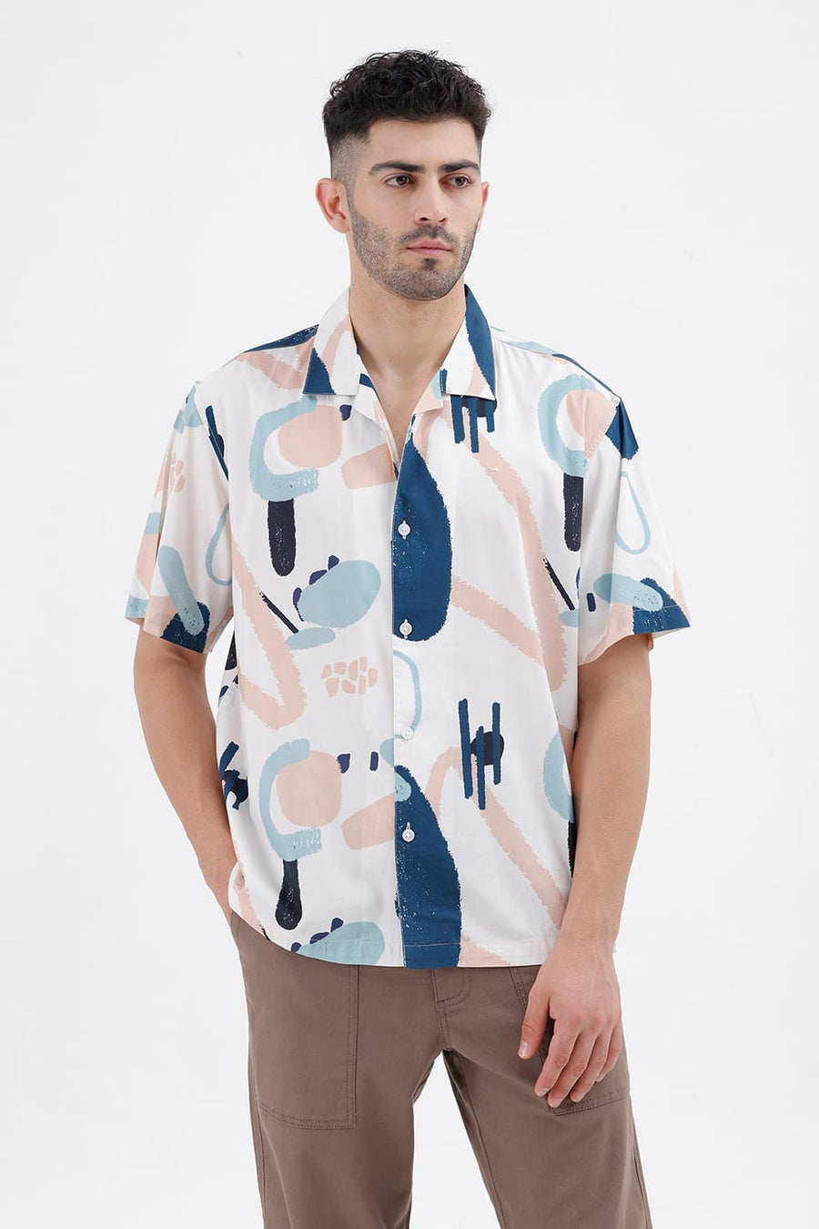BASICS RELAXED FIT SNOWFALL WHITE COTTON VISCOSE DIGITAL PRINTED HALFSLEEVES SHIRT