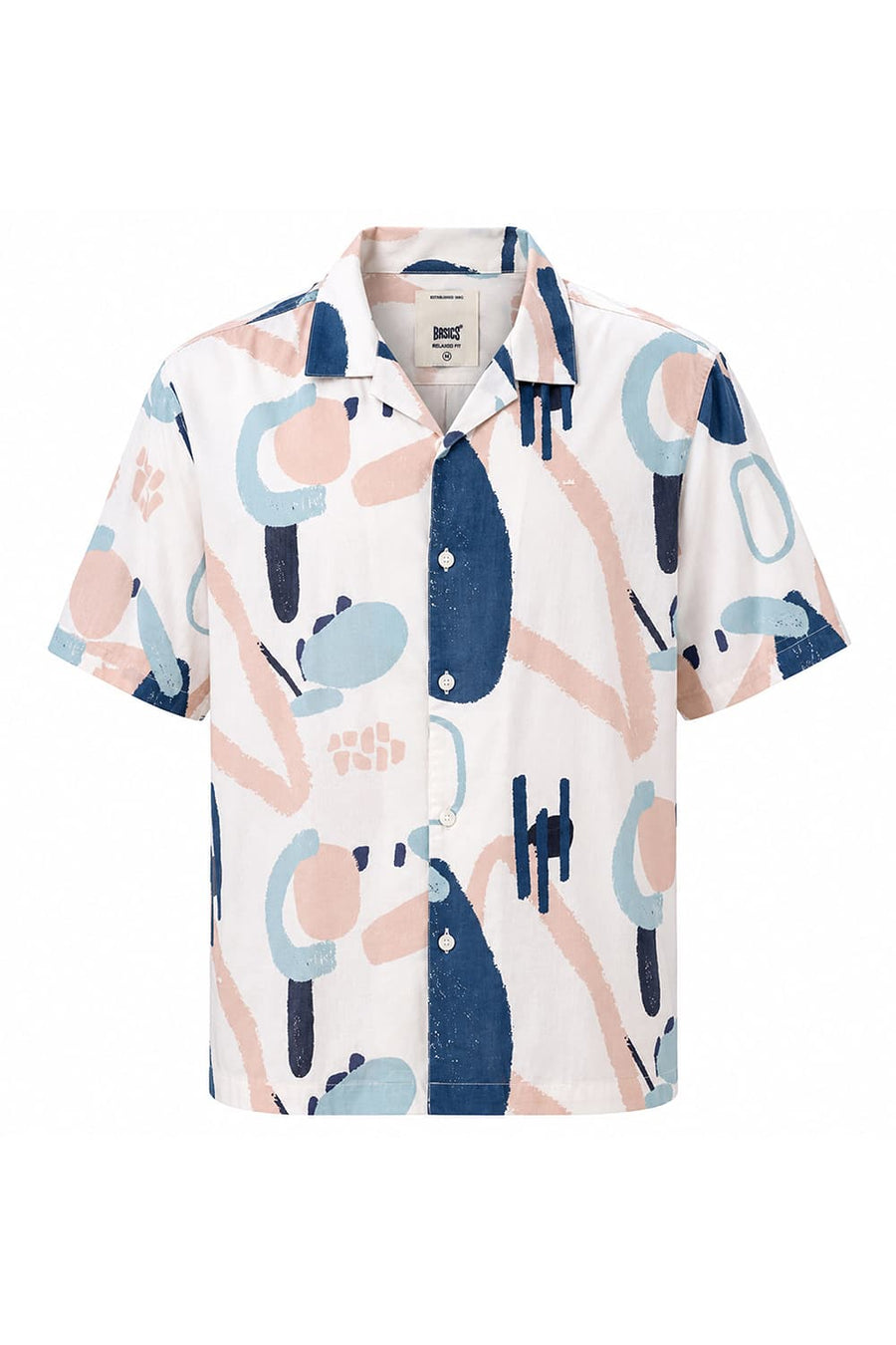 BASICS RELAXED FIT SNOWFALL WHITE COTTON VISCOSE DIGITAL PRINTED HALFSLEEVES SHIRT