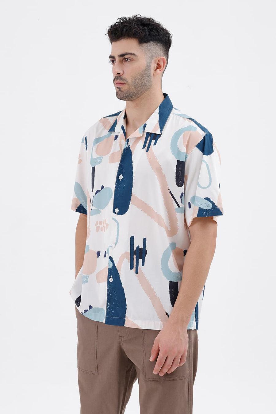 BASICS RELAXED FIT SNOWFALL WHITE COTTON VISCOSE DIGITAL PRINTED HALFSLEEVES SHIRT