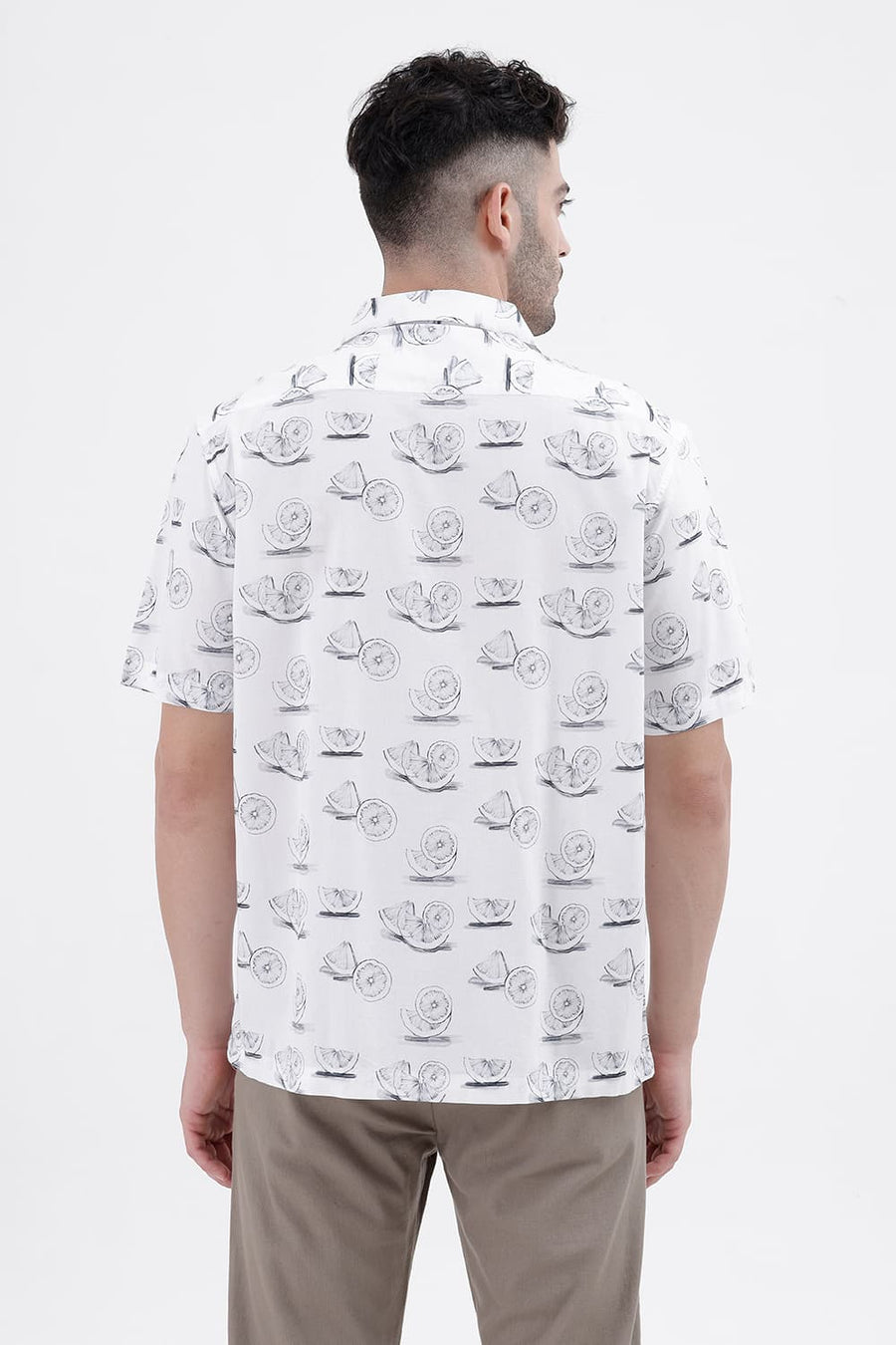 BASICS RELAXED FIT CLOUD WHITE COTTON VISCOSE DIGITAL PRINTED HALFSLEEVES SHIRT