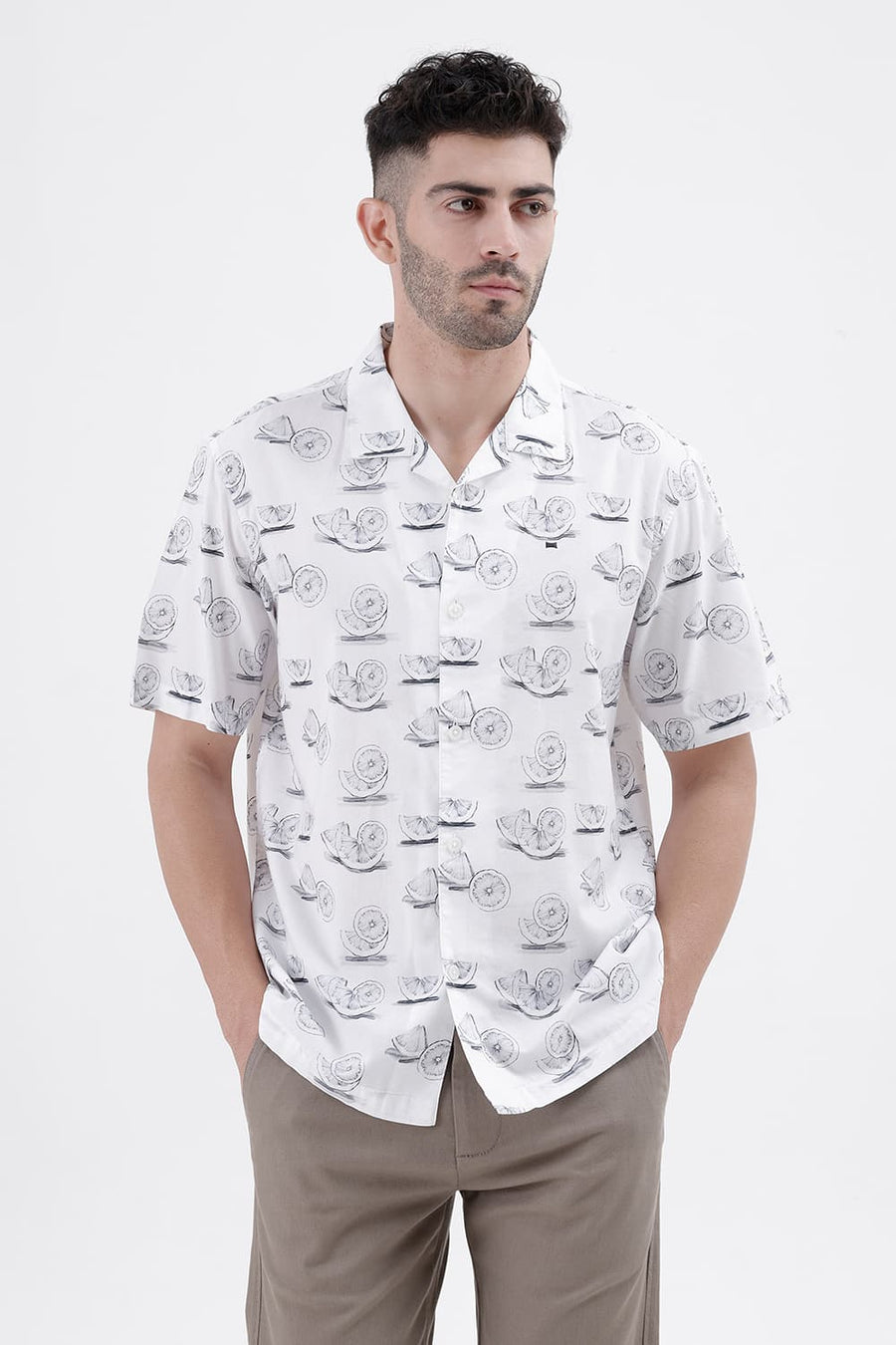 BASICS RELAXED FIT CLOUD WHITE COTTON VISCOSE DIGITAL PRINTED HALFSLEEVES SHIRT