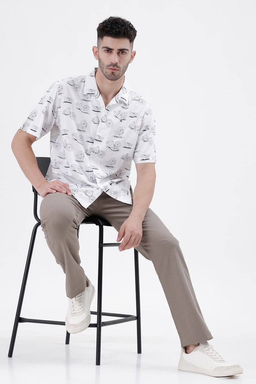 BASICS RELAXED FIT CLOUD WHITE COTTON VISCOSE DIGITAL PRINTED HALFSLEEVES SHIRT