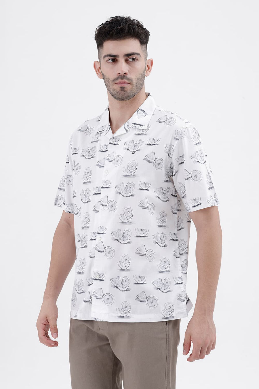 BASICS RELAXED FIT CLOUD WHITE COTTON VISCOSE DIGITAL PRINTED HALFSLEEVES SHIRT