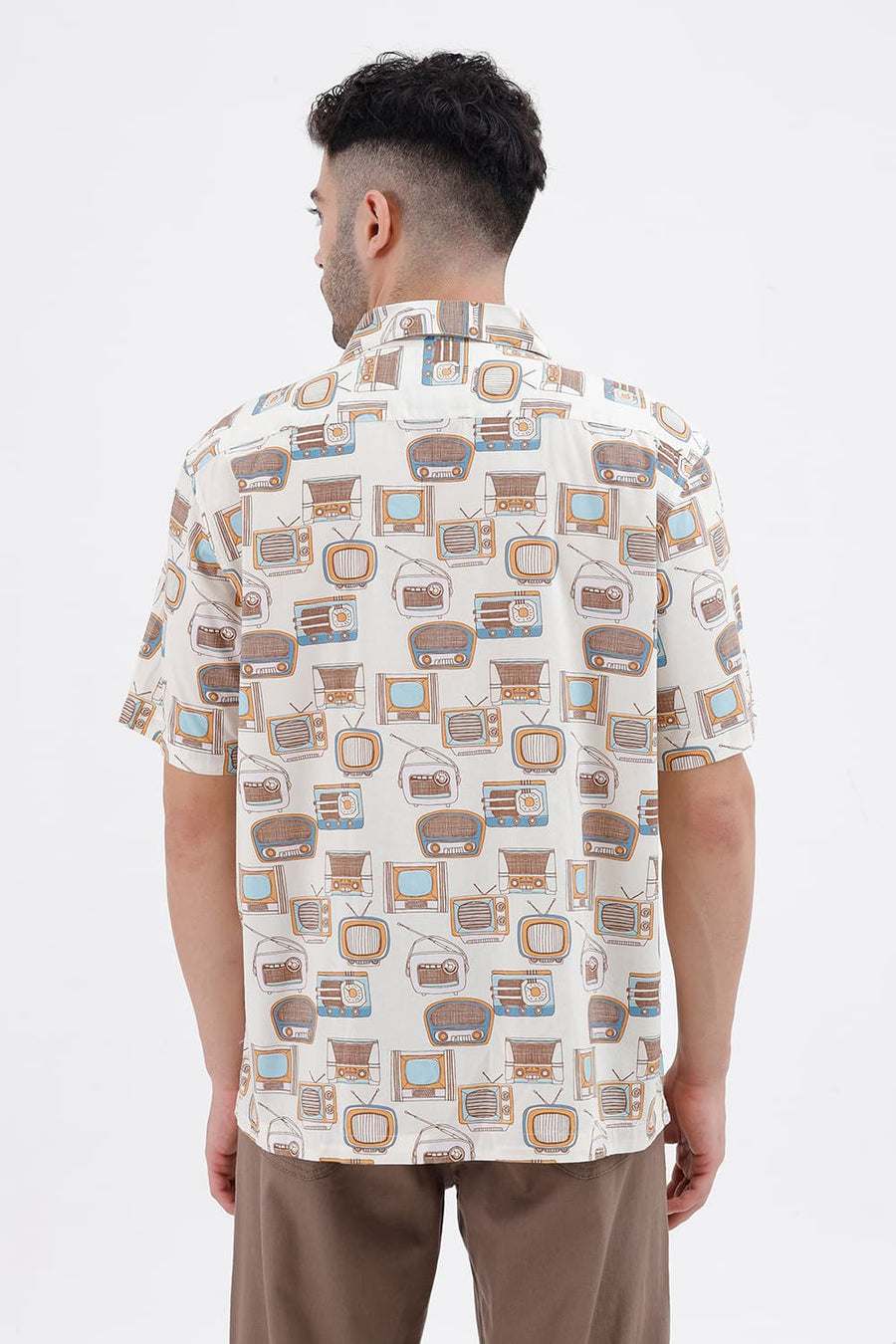 BASICS RELAXED FIT VANILLA YELLOW COTTON VISCOSE DIGITAL PRINTED HALFSLEEVES SHIRT