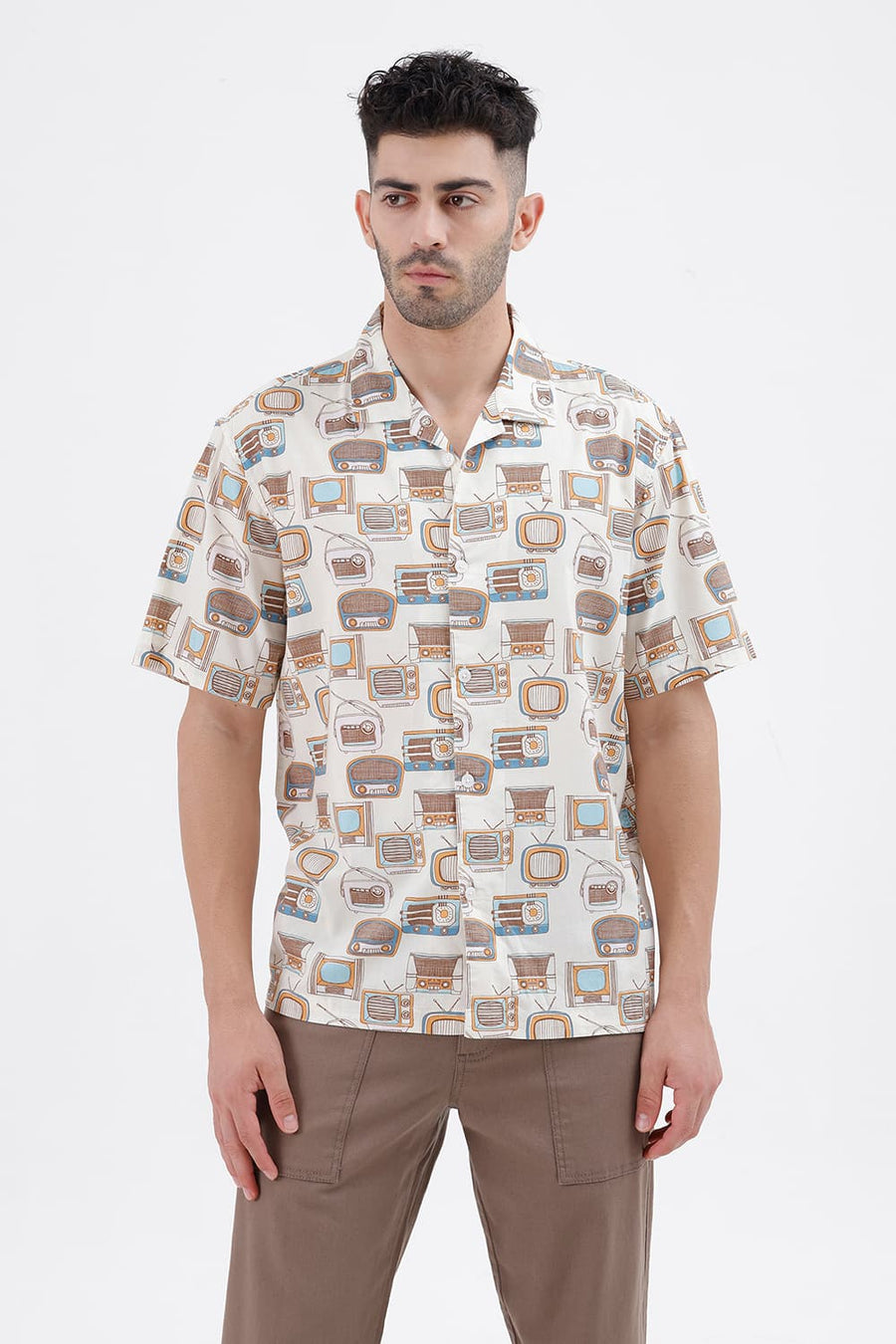 BASICS RELAXED FIT VANILLA YELLOW COTTON VISCOSE DIGITAL PRINTED HALFSLEEVES SHIRT