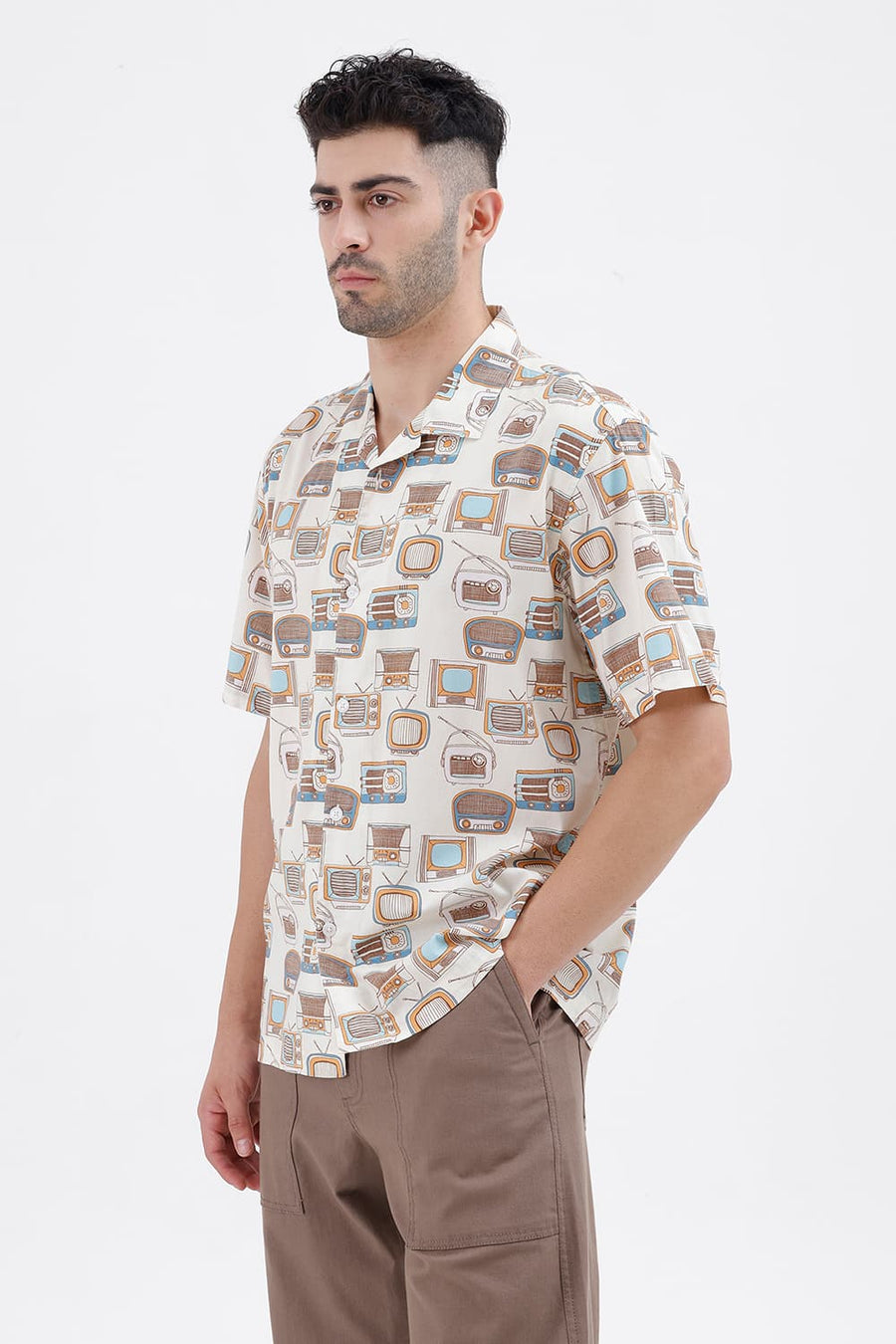BASICS RELAXED FIT VANILLA YELLOW COTTON VISCOSE DIGITAL PRINTED HALFSLEEVES SHIRT
