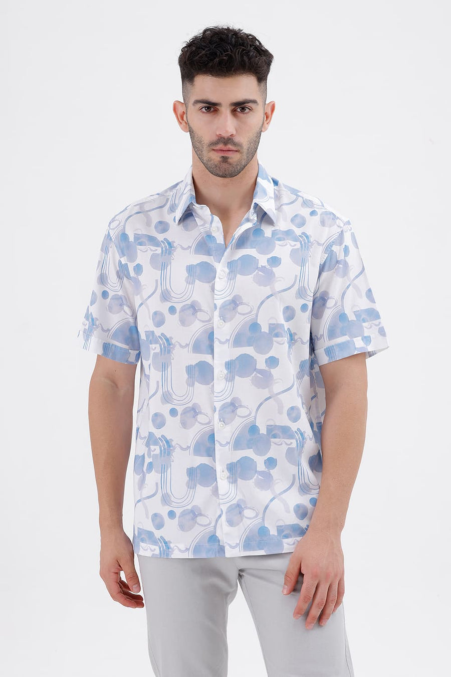 BASICS RELAXED FIT LILAC CLOUDS COTTON VISCOSE DIGITAL PRINTED HALFSLEEVES SHIRT