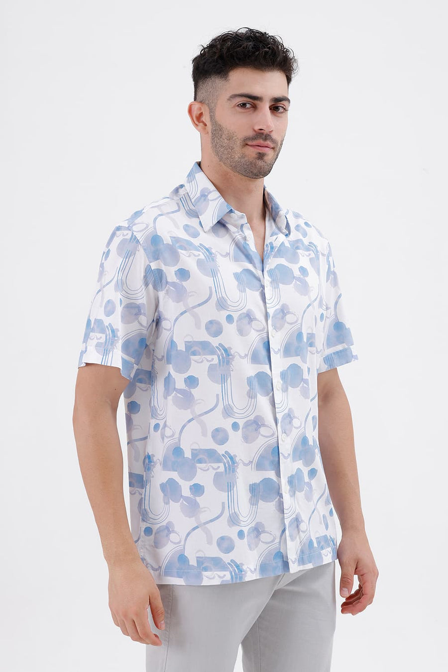 BASICS RELAXED FIT LILAC CLOUDS COTTON VISCOSE DIGITAL PRINTED HALFSLEEVES SHIRT