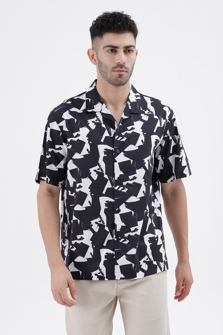 BASICS RELAXED FIT PHANTOM BLACK COTTON VISCOSE DIGITAL PRINTED HALFSLEEVES SHIRT
