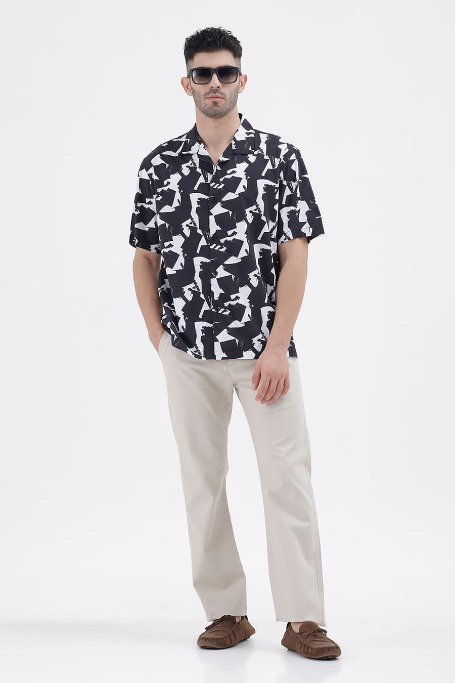 BASICS RELAXED FIT PHANTOM BLACK COTTON VISCOSE DIGITAL PRINTED HALFSLEEVES SHIRT