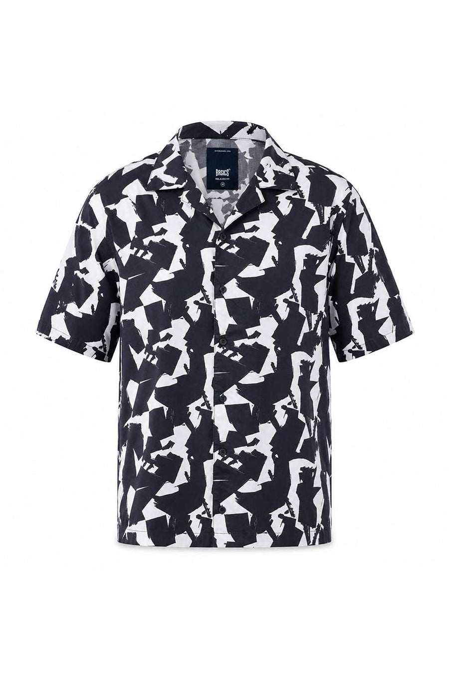 BASICS RELAXED FIT PHANTOM BLACK COTTON VISCOSE DIGITAL PRINTED HALFSLEEVES SHIRT
