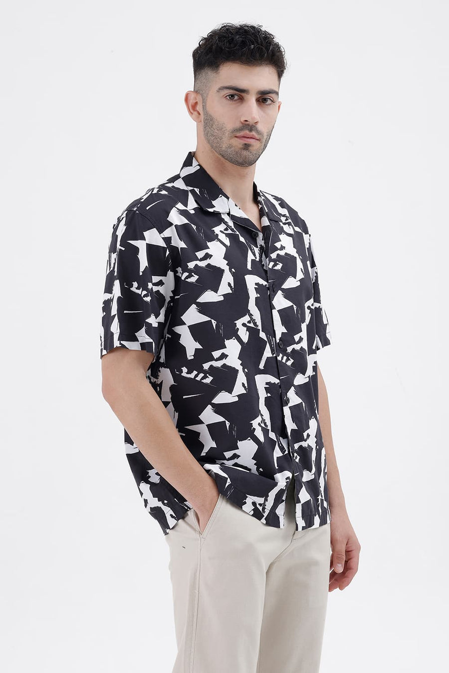 BASICS RELAXED FIT PHANTOM BLACK COTTON VISCOSE DIGITAL PRINTED HALFSLEEVES SHIRT