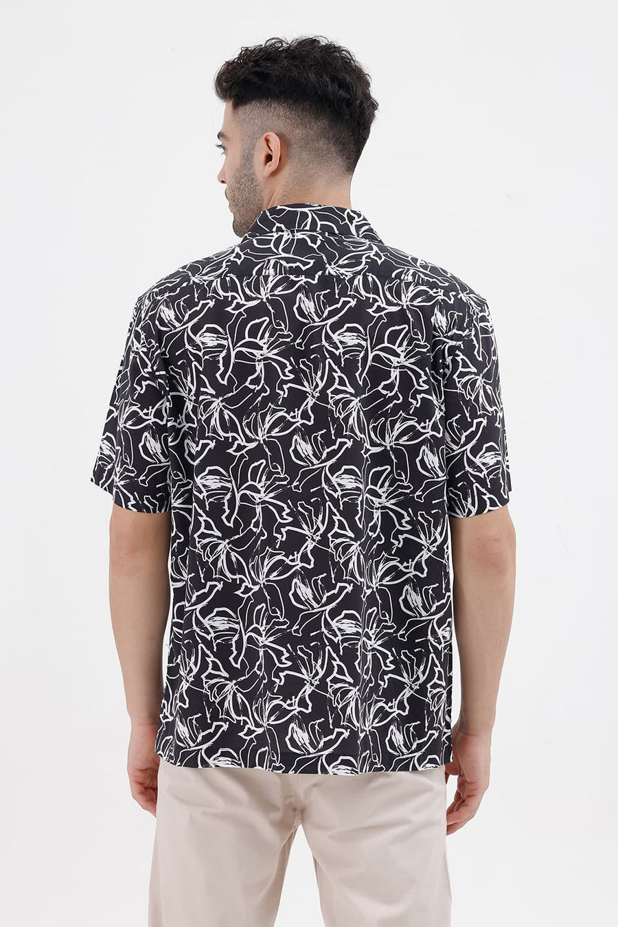 BASICS RELAXED FIT BLACK CAVIAR COTTON VISCOSE DIGITAL PRINTED HALFSLEEVES SHIRT
