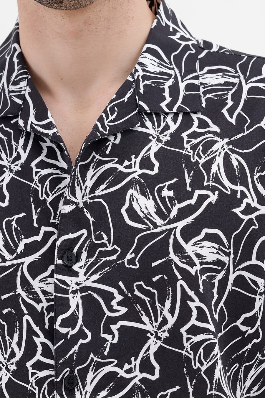 BASICS RELAXED FIT BLACK CAVIAR COTTON VISCOSE DIGITAL PRINTED HALFSLEEVES SHIRT