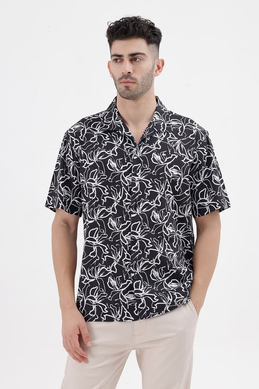 BASICS RELAXED FIT BLACK CAVIAR COTTON VISCOSE DIGITAL PRINTED HALFSLEEVES SHIRT