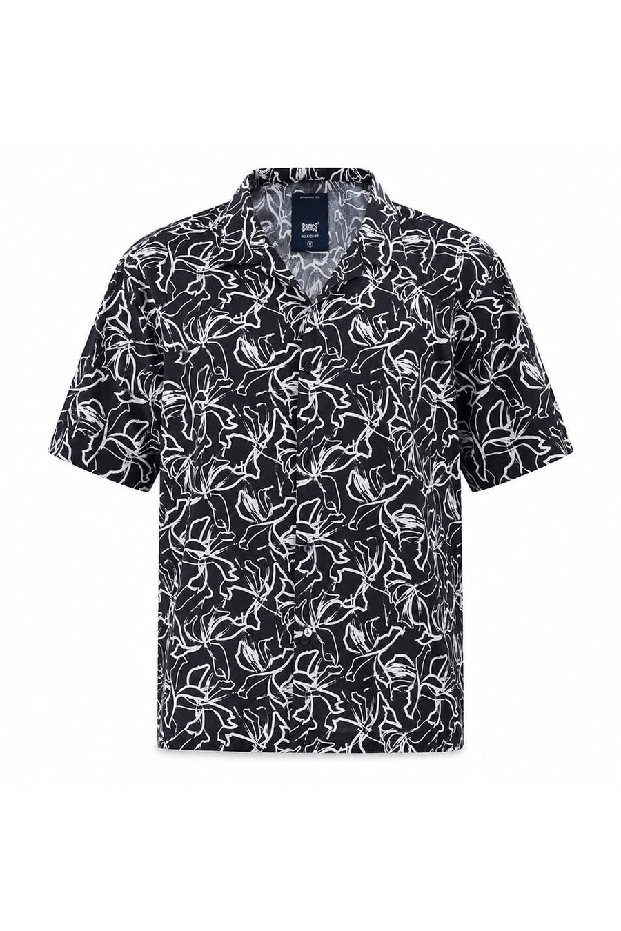 BASICS RELAXED FIT BLACK CAVIAR COTTON VISCOSE DIGITAL PRINTED HALFSLEEVES SHIRT
