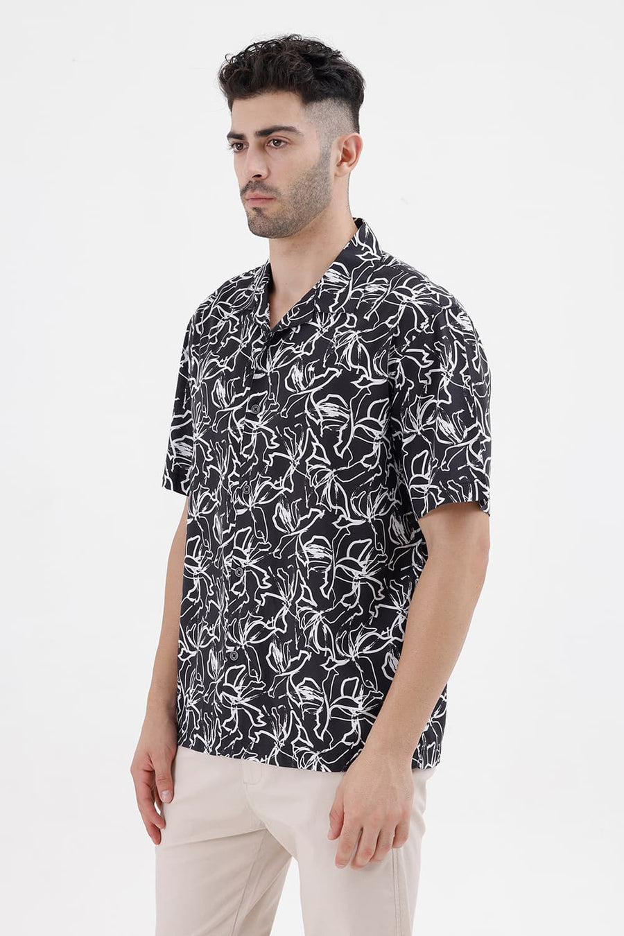 BASICS RELAXED FIT BLACK CAVIAR COTTON VISCOSE DIGITAL PRINTED HALFSLEEVES SHIRT
