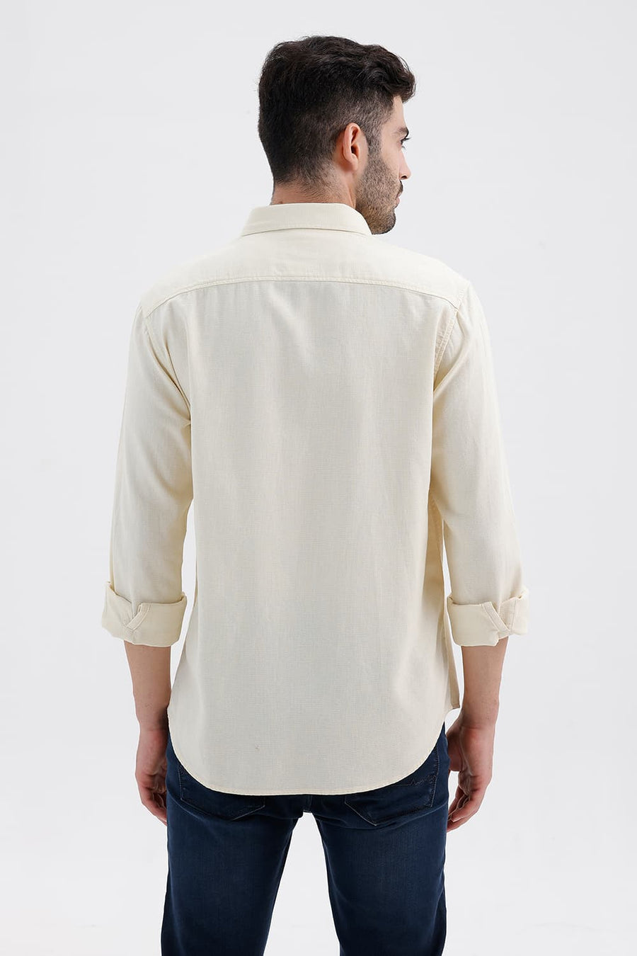 BASICS SLIM FIT PAPYRUS YELLOW COTTON VISCOSE DOBBY SHIRT