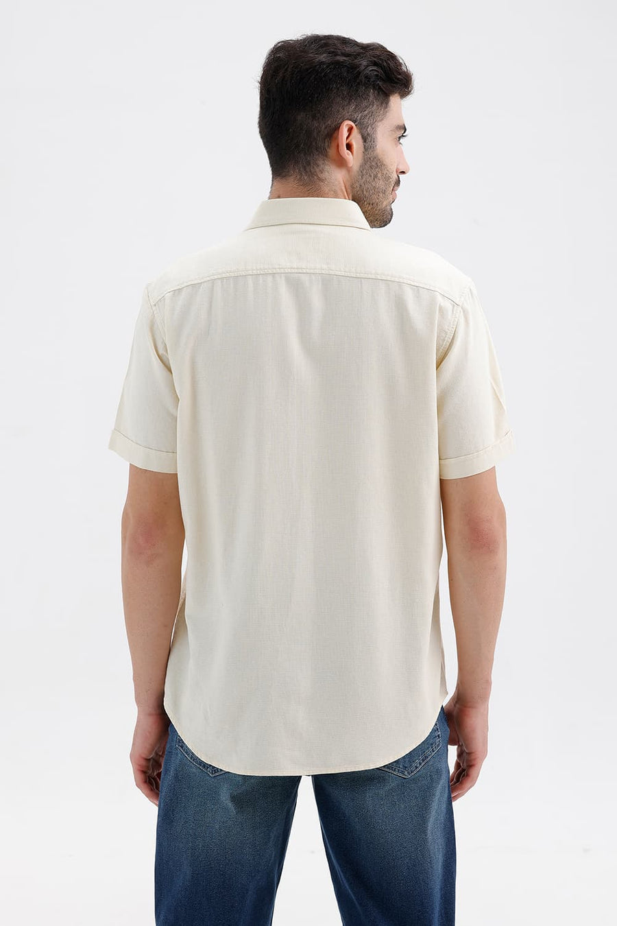 BASICS SLIM FIT PAPYRUS YELLOW COTTON VISCOSE DOBBY HALFSLEEVES SHIRT