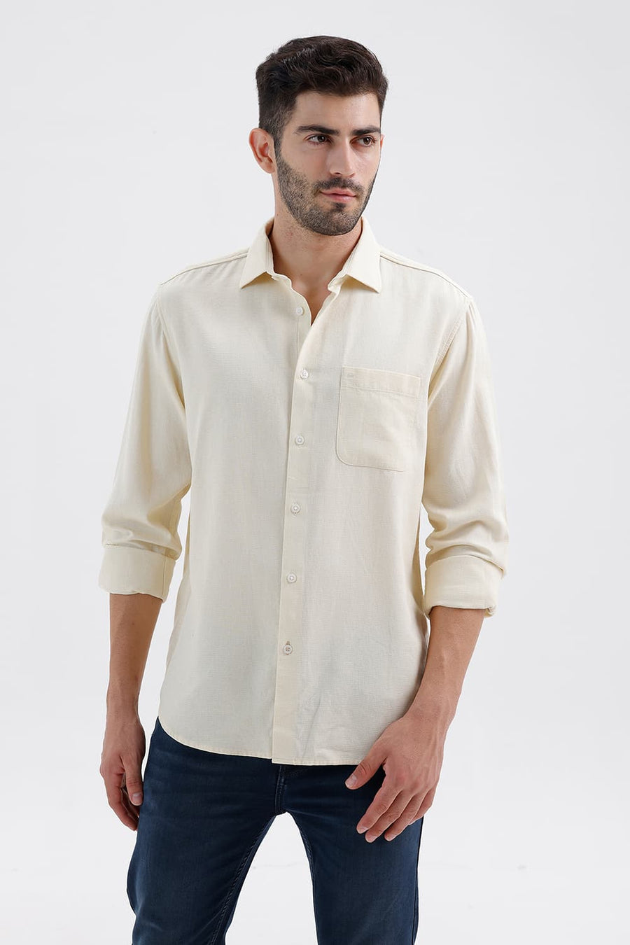 BASICS SLIM FIT PAPYRUS YELLOW COTTON VISCOSE DOBBY SHIRT