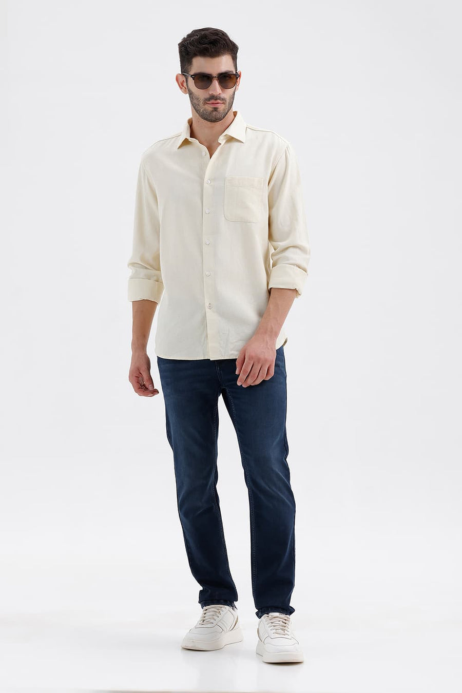 BASICS SLIM FIT PAPYRUS YELLOW COTTON VISCOSE DOBBY SHIRT