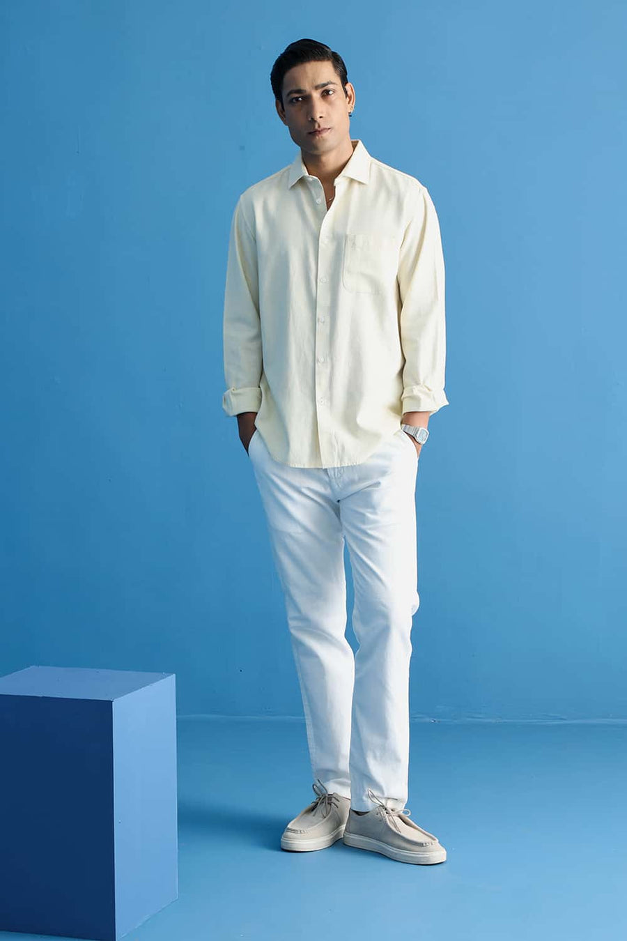 Basics Slim Fit Papyrus Yellow Cotton Viscose Dobby Shirt