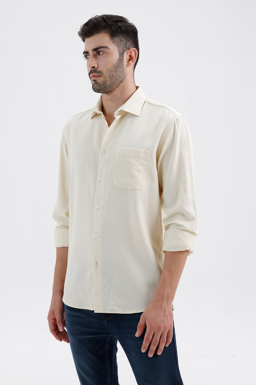 BASICS SLIM FIT PAPYRUS YELLOW COTTON VISCOSE DOBBY SHIRT