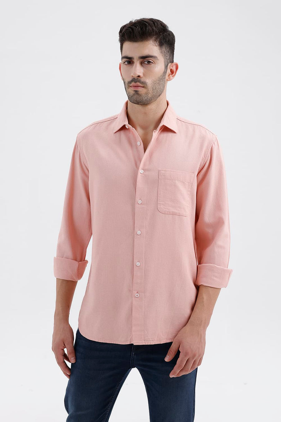 BASICS SLIM FIT MELLOW PEACH COTTON VISCOSE DOBBY SHIRT