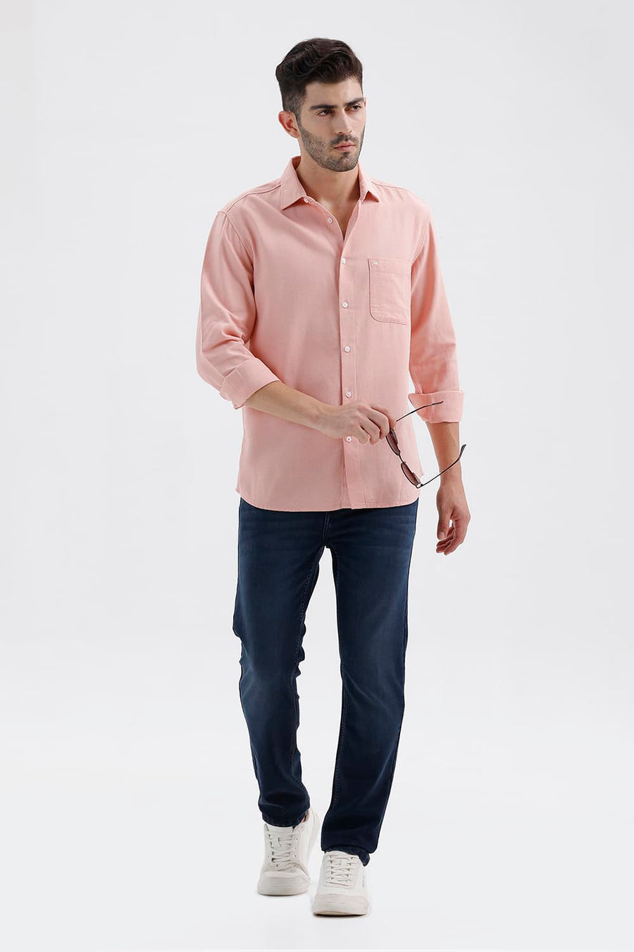 BASICS SLIM FIT MELLOW PEACH COTTON VISCOSE DOBBY SHIRT
