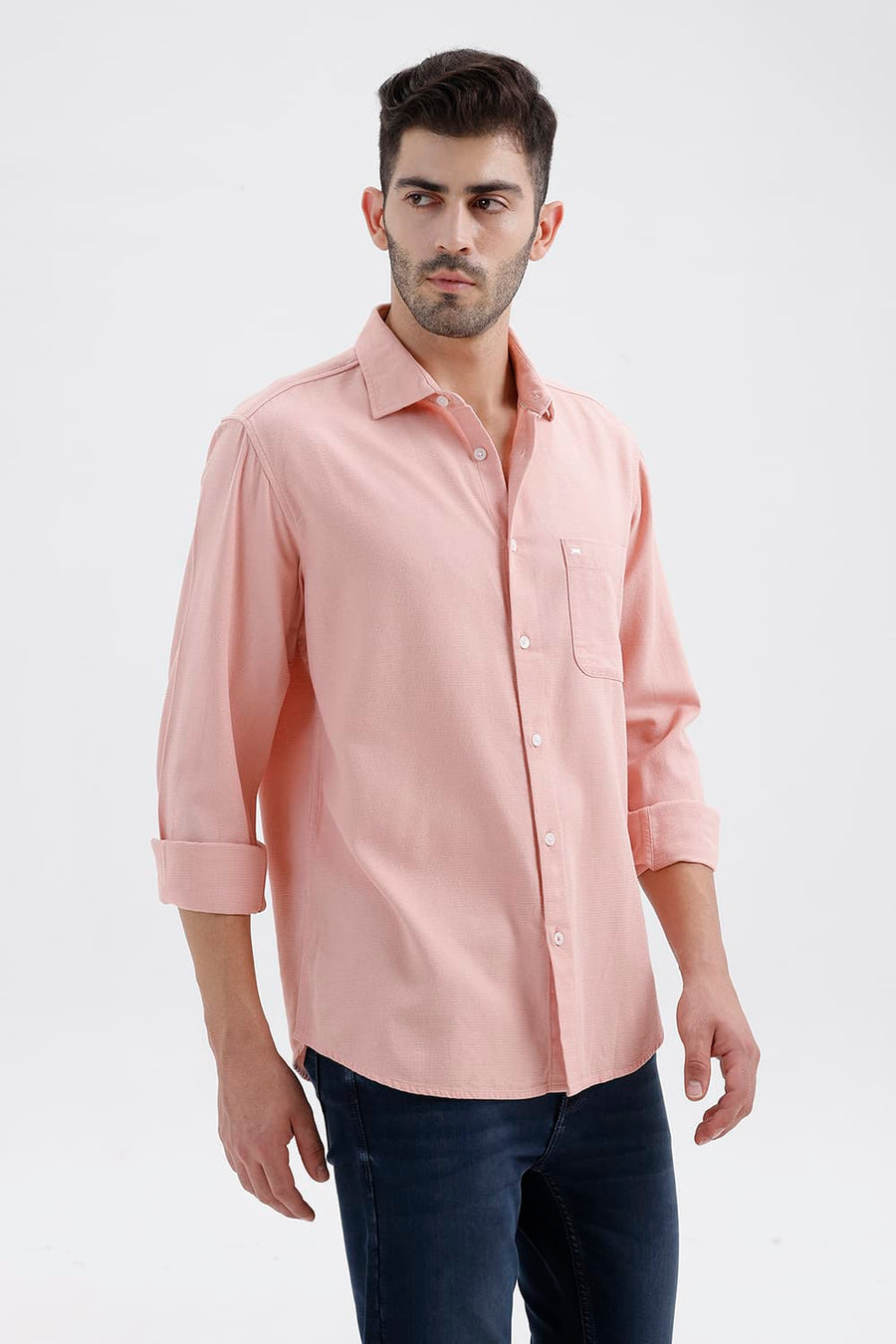 BASICS SLIM FIT MELLOW PEACH COTTON VISCOSE DOBBY SHIRT