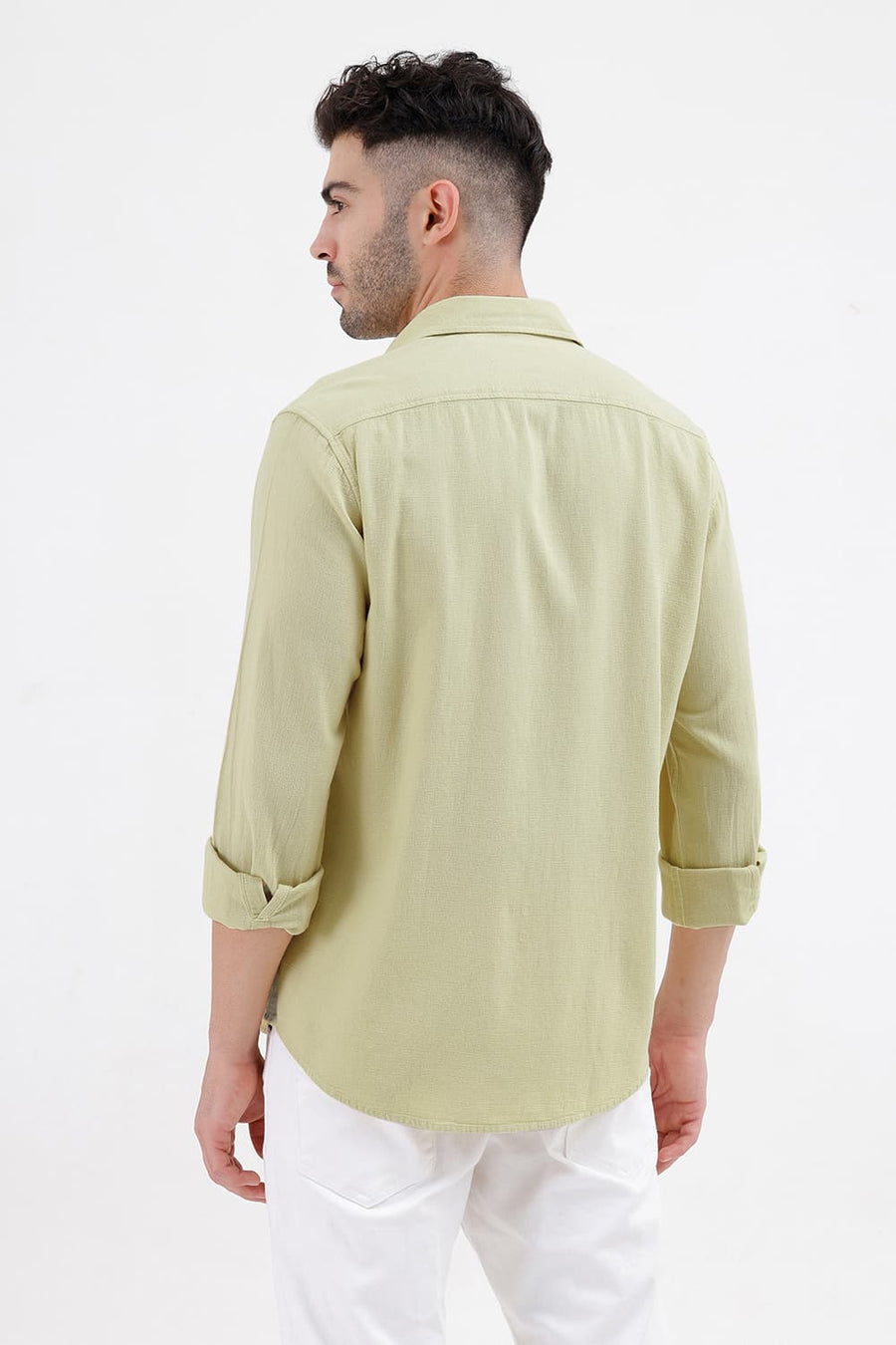 BASICS SLIM FIT ALOE GREEN COTTON VISCOSE DOBBY SHIRT